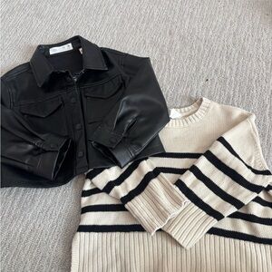 Zara Black Faux Leather Kids' Cropped Jacket bundled with stripe sweater